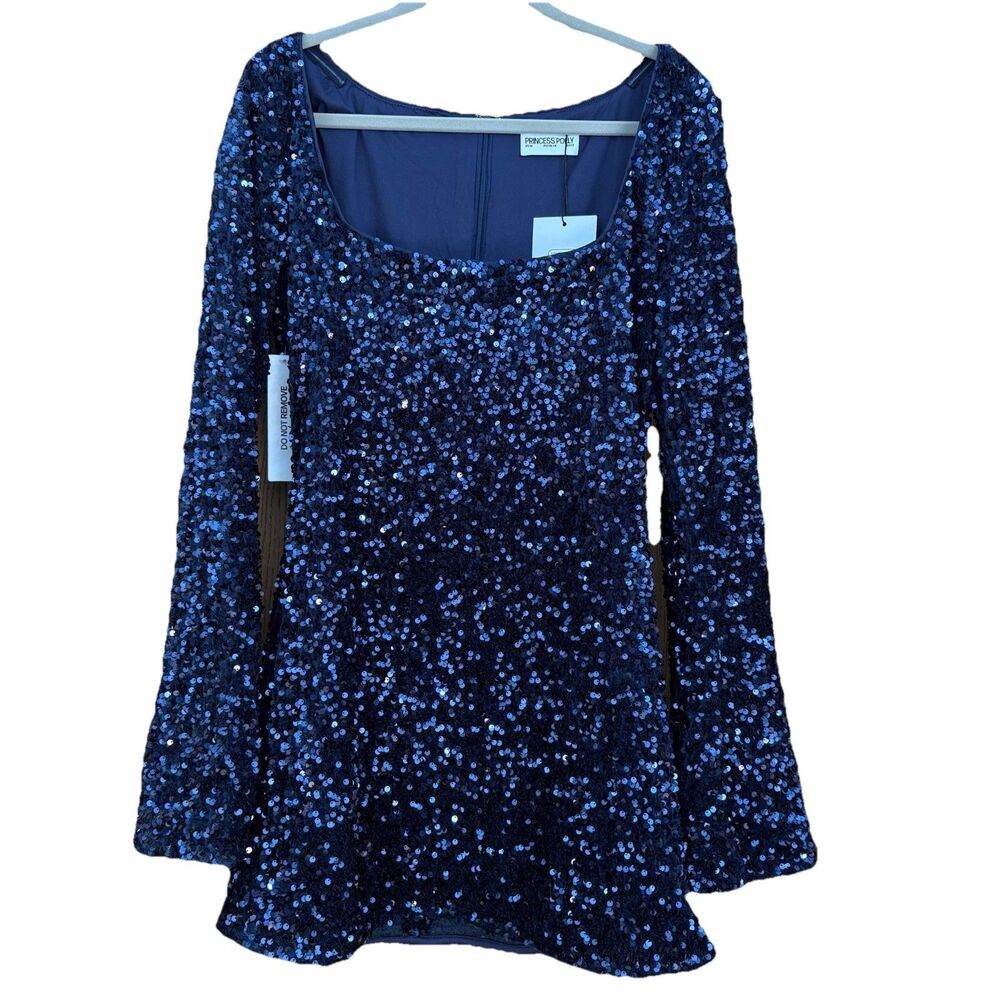 Princess Polly Vinelle Sequin Mini Dress NWT 10 Navy Blue Long Sleeve Party 10